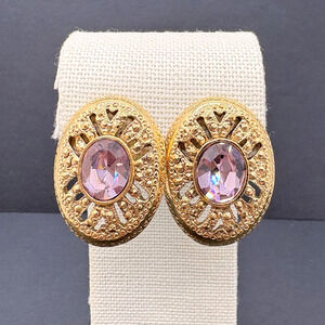1928 Brand Filigree Gold Tone Oval Purple Crystal Pierced Post Earrings 1" Retro